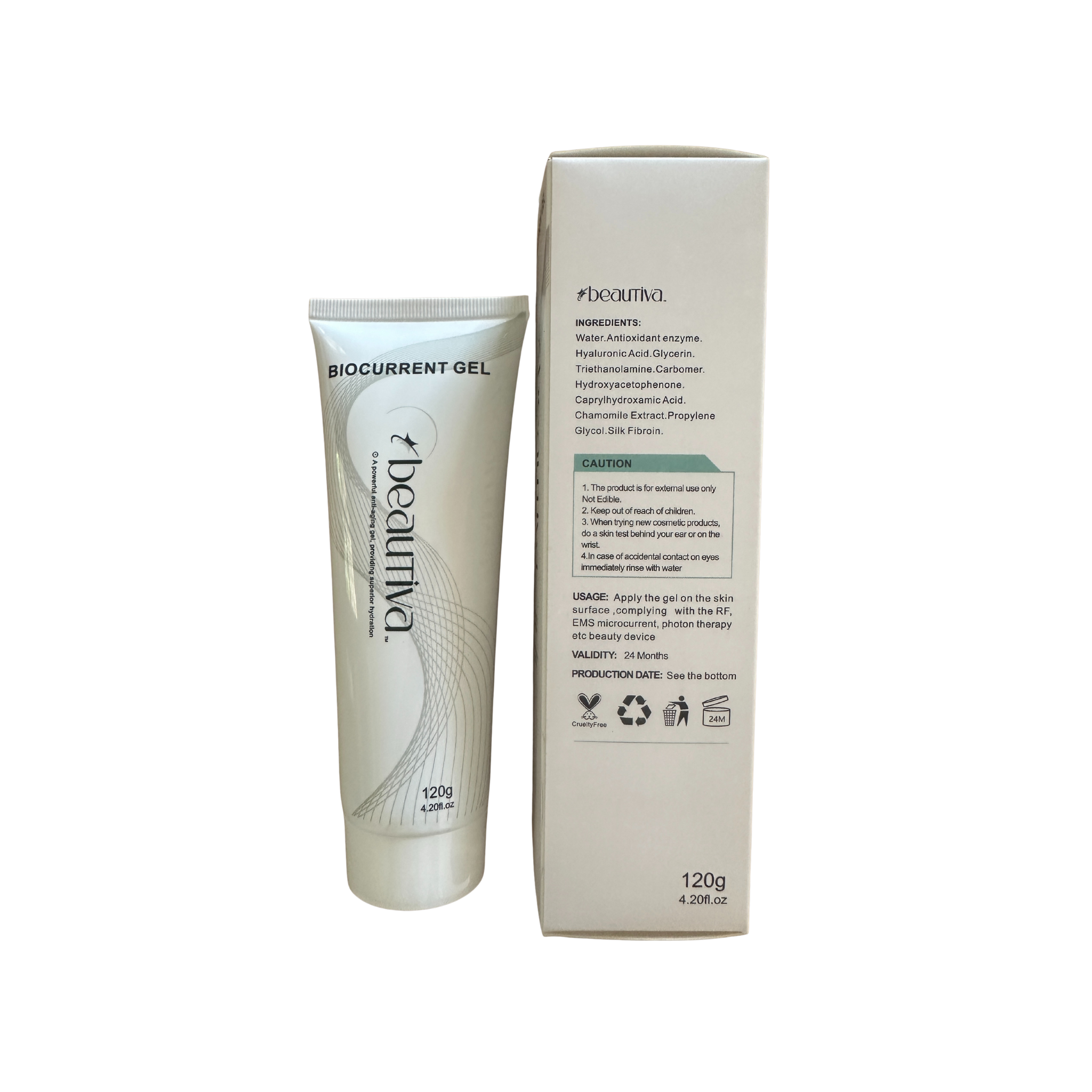 Box showing the ingredients of the Beautiva Biocurrent Conductive Gel
